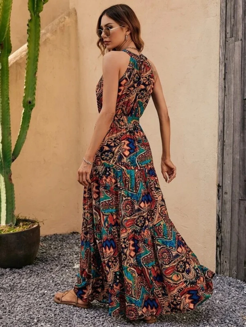 Nord Taschen | Bedrucktes böhmisches Kleid mit Vintage-Ausschnitt