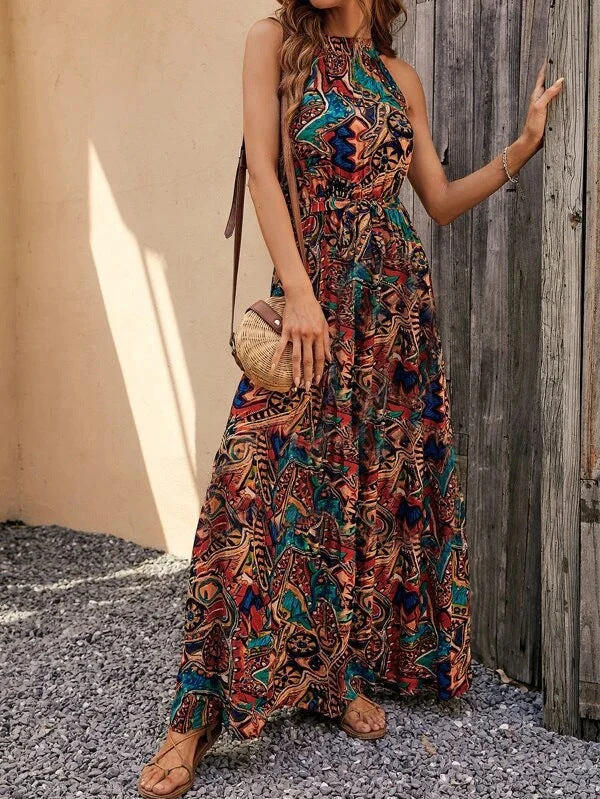 Nord Taschen | Bedrucktes böhmisches Kleid mit Vintage-Ausschnitt