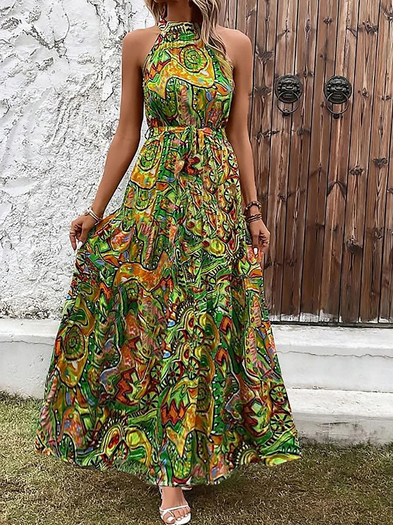 Nord Taschen | Bedrucktes böhmisches Kleid mit Vintage-Ausschnitt