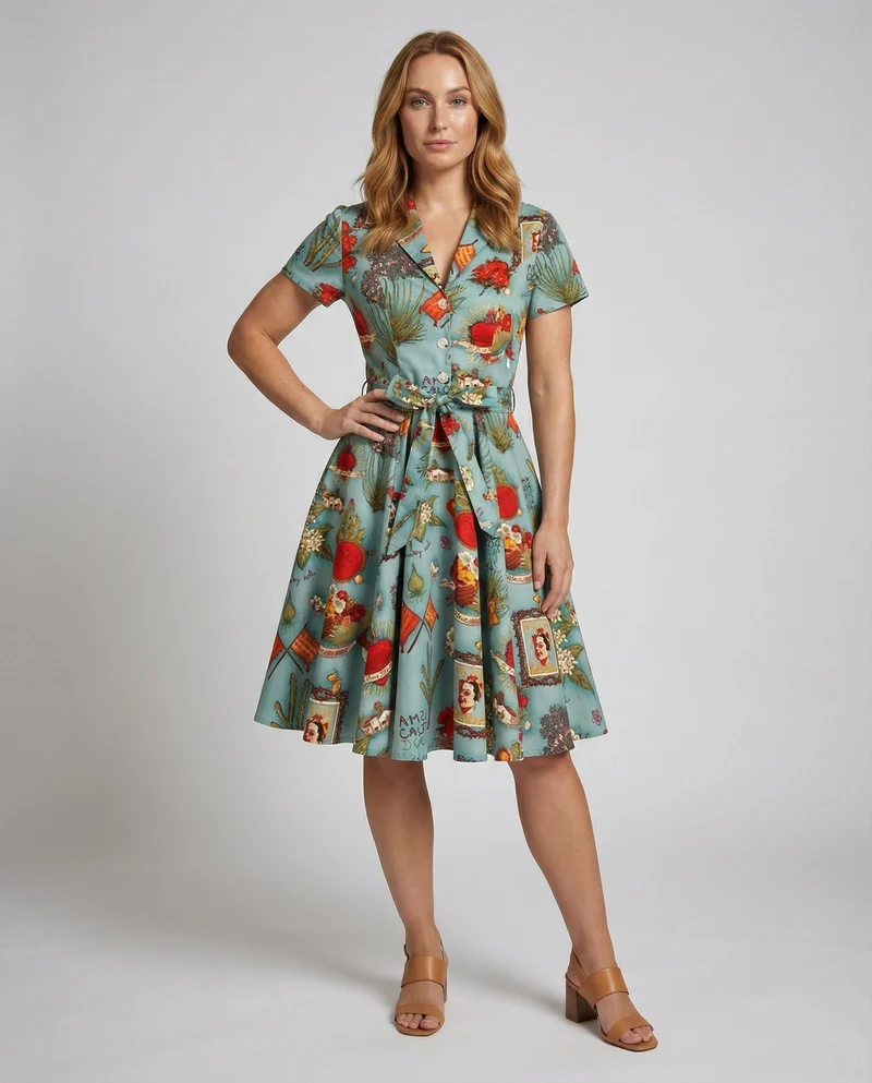 Damen Swingkleid Reverskragen Taillengürtel