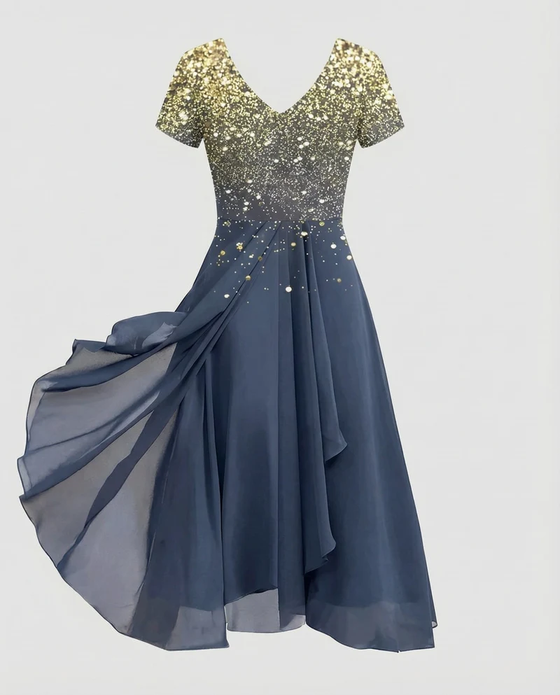 Damen Chiffon-Abendkleid Pailletten-Büste Stufenrock