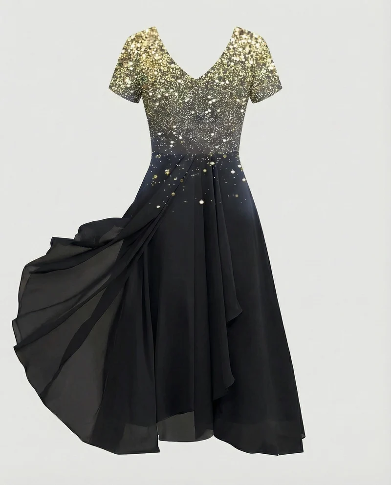 Damen Chiffon-Abendkleid Pailletten-Büste Stufenrock