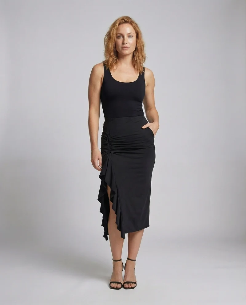 Damen Figurbetonte Wasserfall-Volant Stretchjersey Maxirock