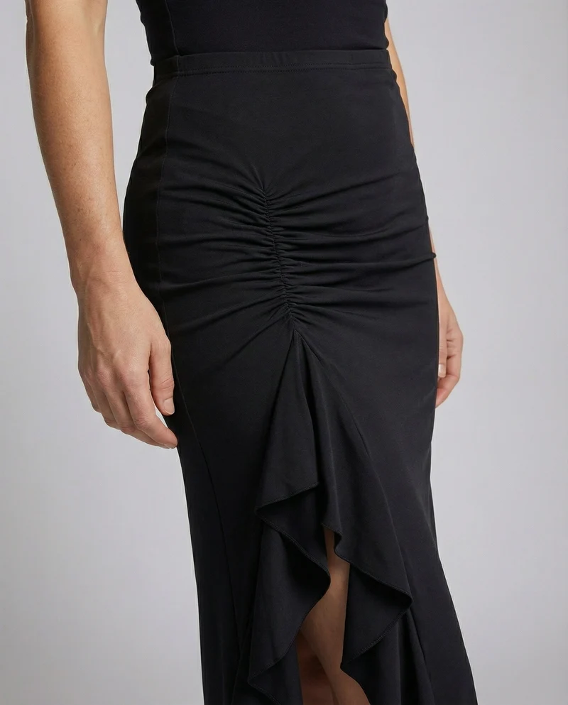Damen Figurbetonte Wasserfall-Volant Stretchjersey Maxirock