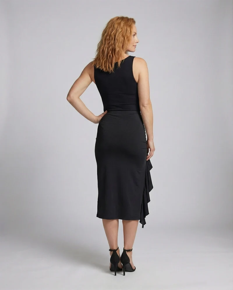Damen Figurbetonte Wasserfall-Volant Stretchjersey Maxirock