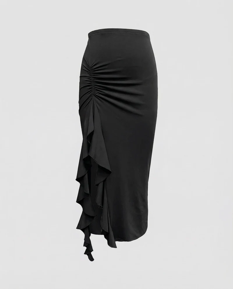 Damen Figurbetonte Wasserfall-Volant Stretchjersey Maxirock