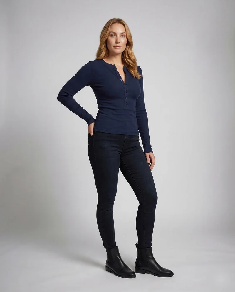 Damen Henleyshirt Ripp Langarm