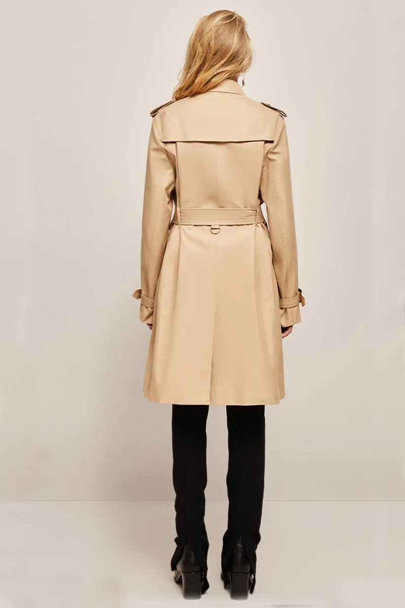 Damen Langer Slim Fit Trenchcoat mit Gürtel und Doppelreihigen Knöpfen
