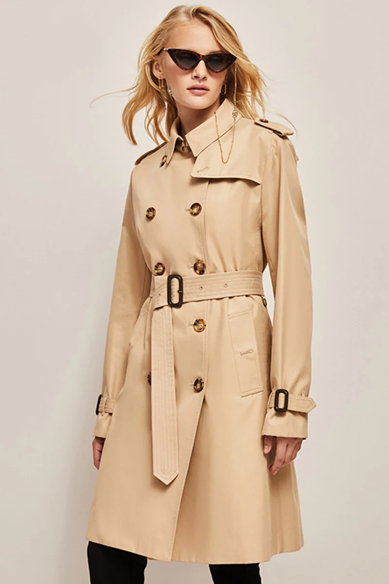 Damen Langer Slim Fit Trenchcoat mit Gürtel und Doppelreihigen Knöpfen