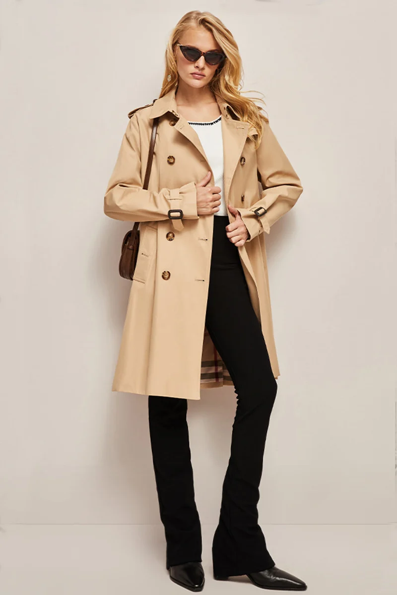 Damen Langer Slim Fit Trenchcoat mit Gürtel und Doppelreihigen Knöpfen
