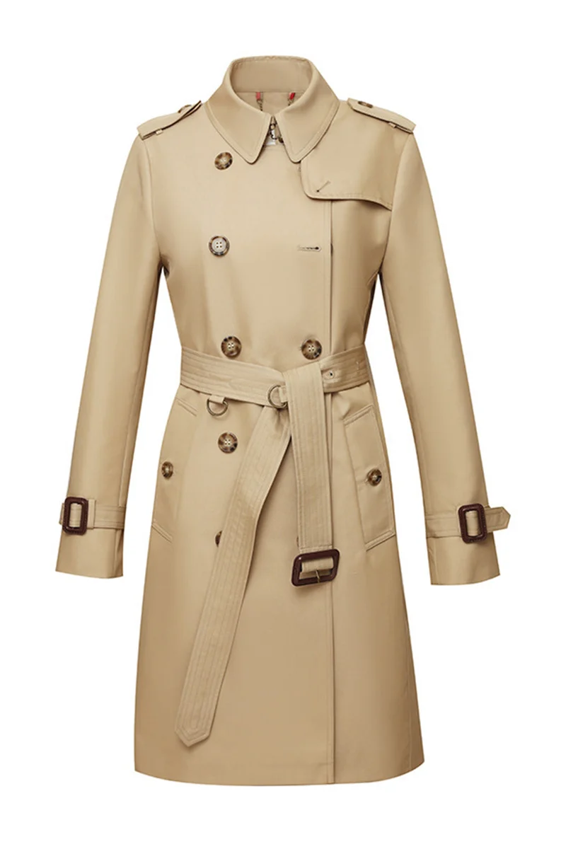 Damen Langer Slim Fit Trenchcoat mit Gürtel und Doppelreihigen Knöpfen