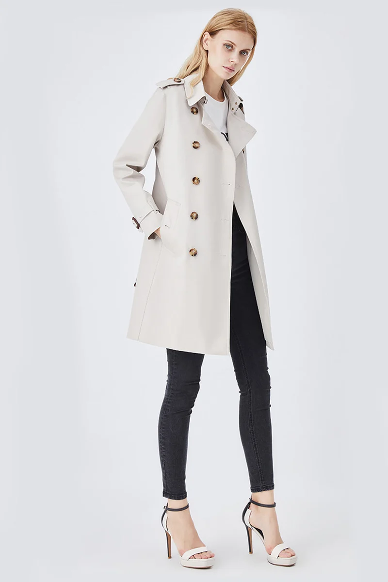 Damen Langer Slim Fit Trenchcoat mit Gürtel und Doppelreihigen Knöpfen