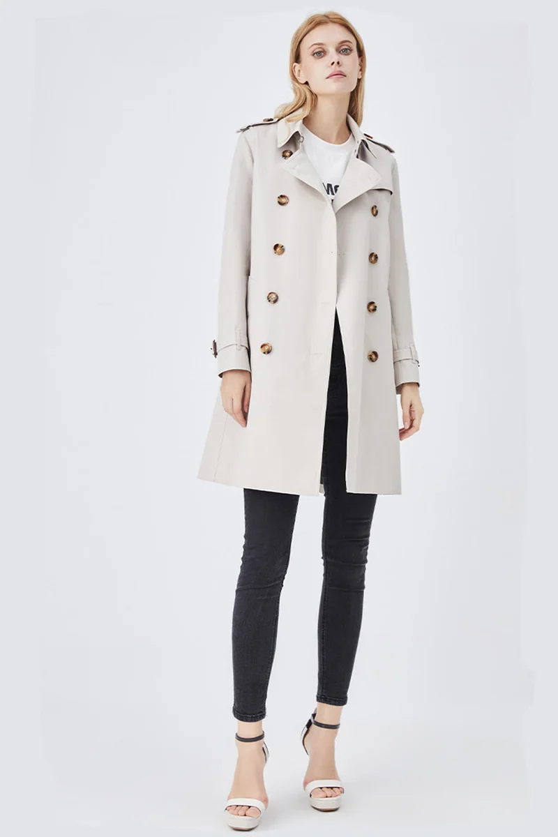 Damen Langer Slim Fit Trenchcoat mit Gürtel und Doppelreihigen Knöpfen