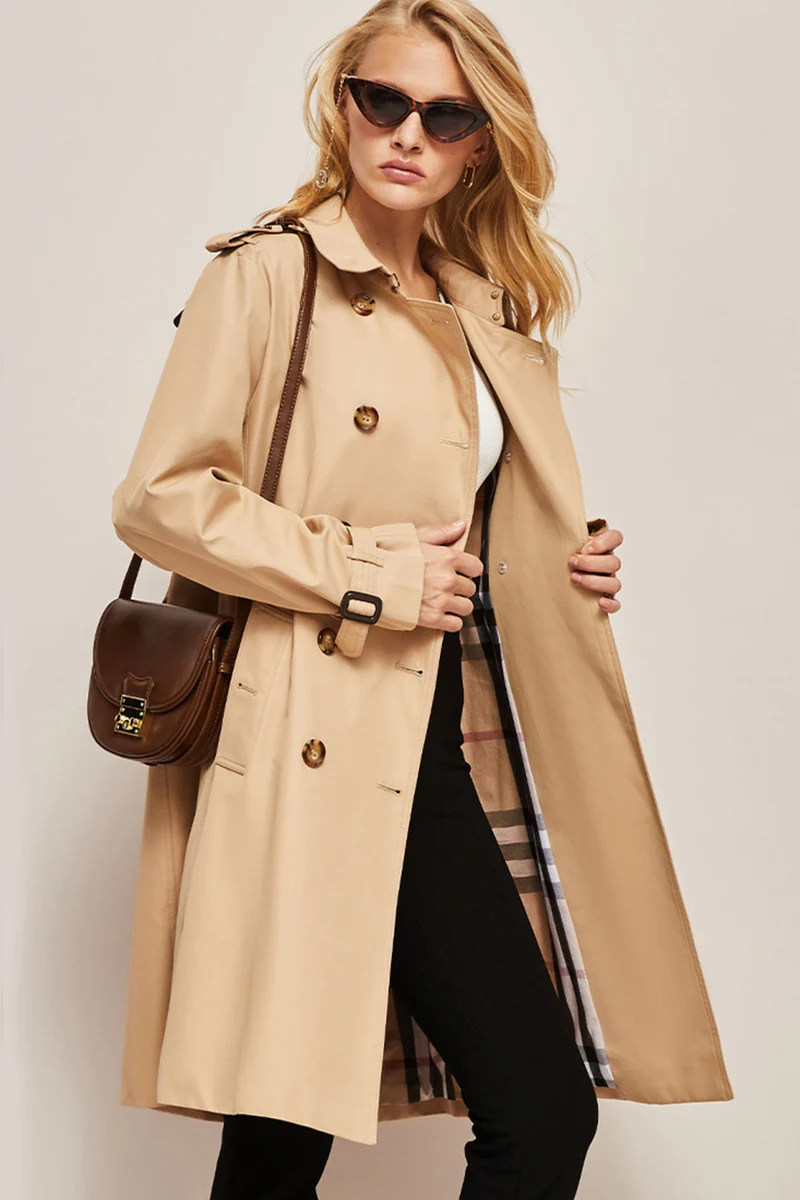 Damen Langer Slim Fit Trenchcoat mit Gürtel und Doppelreihigen Knöpfen