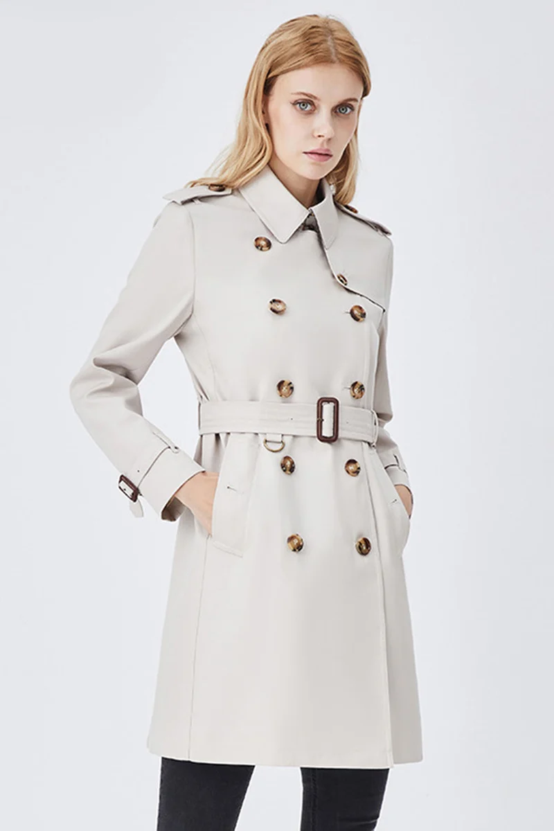 Damen Langer Slim Fit Trenchcoat mit Gürtel und Doppelreihigen Knöpfen