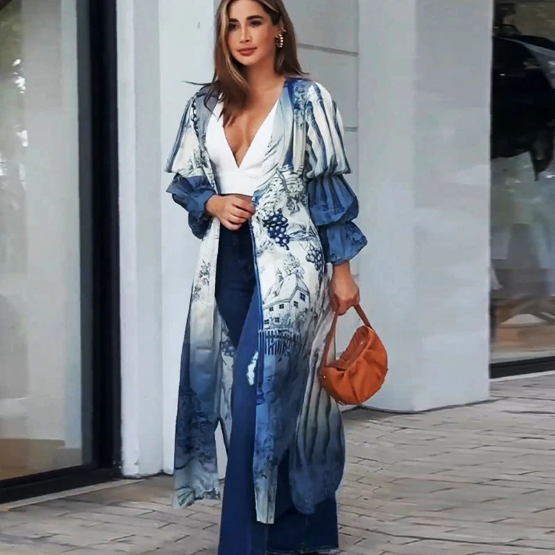 Damen Kimono mit floralem Muster und lässigen Volantärmeln Nord Taschen