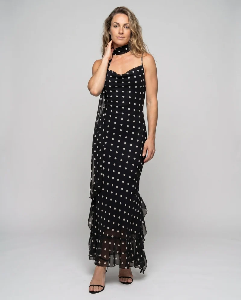 Damen Maxikleid mit Charmante Punkte und Raffinierten Rüschen