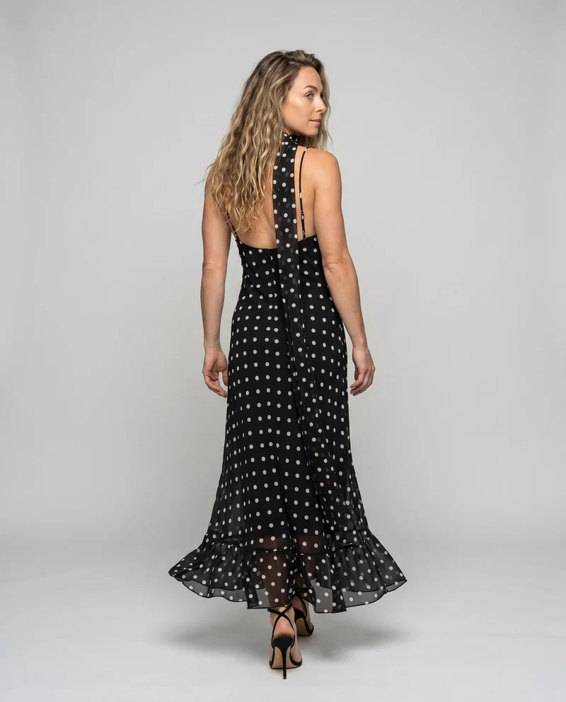 Damen Maxikleid mit Charmante Punkte und Raffinierten Rüschen