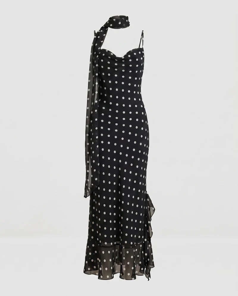 Damen Maxikleid mit Charmante Punkte und Raffinierten Rüschen