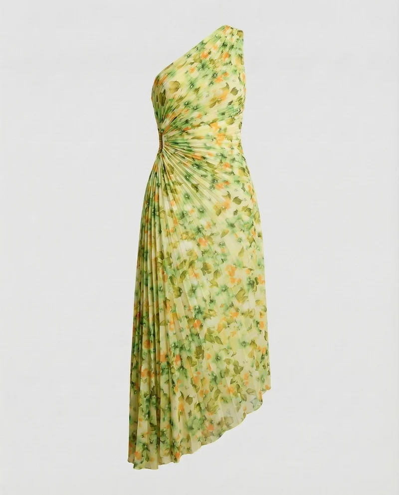 Damen Ein-Schulter Midikleid mit Plissee-Rock