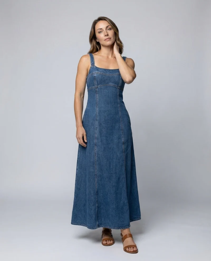 Damen Jeans-Kleid Karrée-Ausschnitt Nahtpaneele