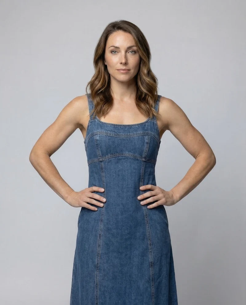 Damen Jeans-Kleid Karrée-Ausschnitt Nahtpaneele