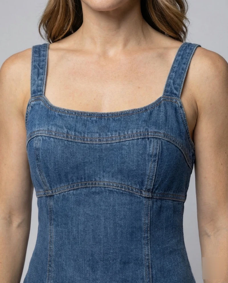 Damen Jeans-Kleid Karrée-Ausschnitt Nahtpaneele