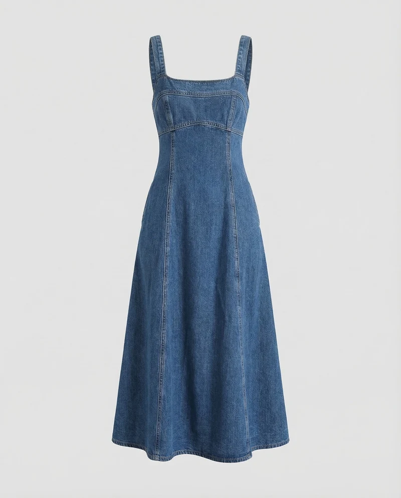 Damen Jeans-Kleid Karrée-Ausschnitt Nahtpaneele