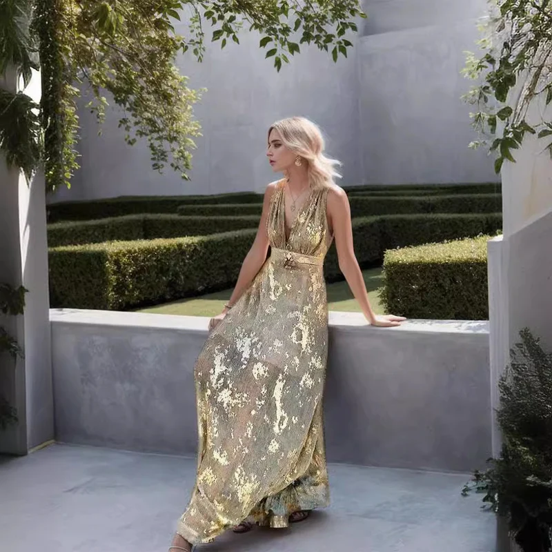 Damen Elegantes Maxi-Kleid mit filigranem Goldmuster und V-Ausschnitt