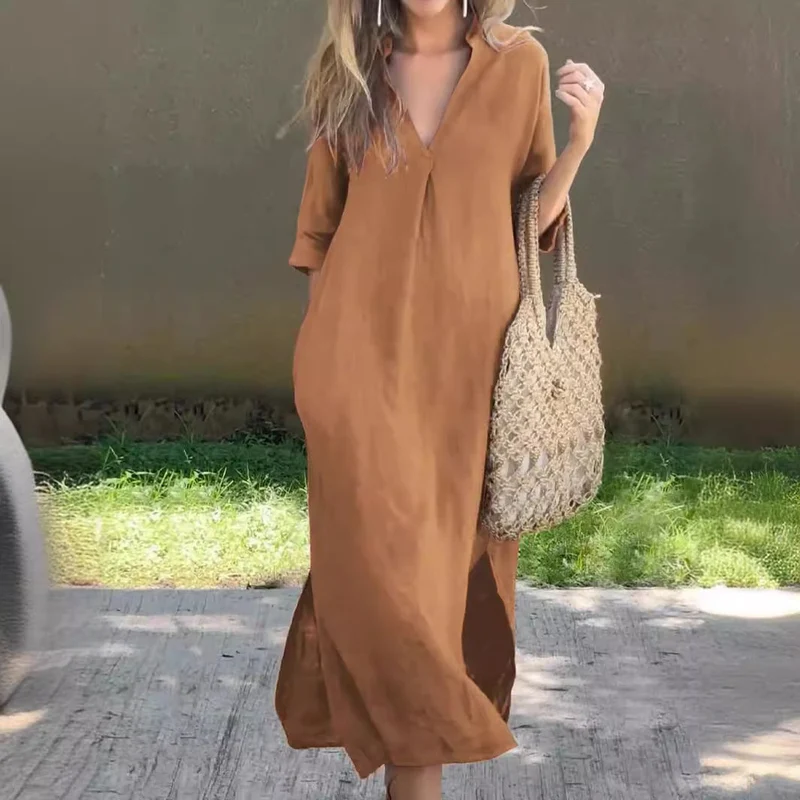 Damen Maxi-Kleid mit eleganter V-Ausschnitt und praktischen Taschen