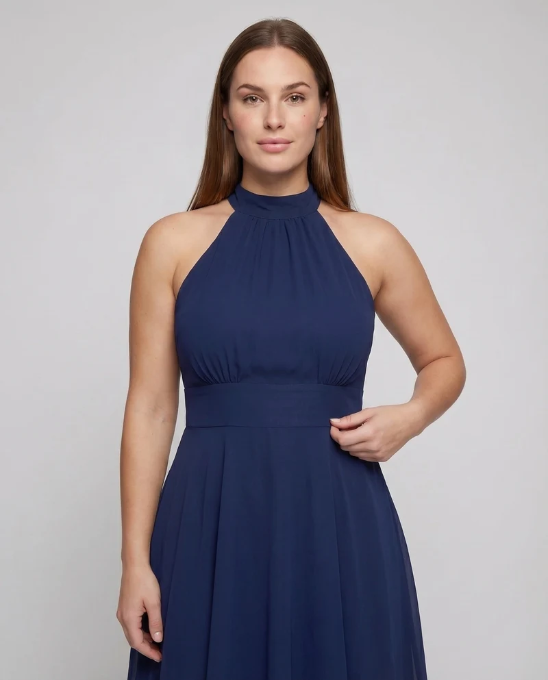 Damen Chiffon-Halterkleid Stehkragen Stufenrock Tailliert