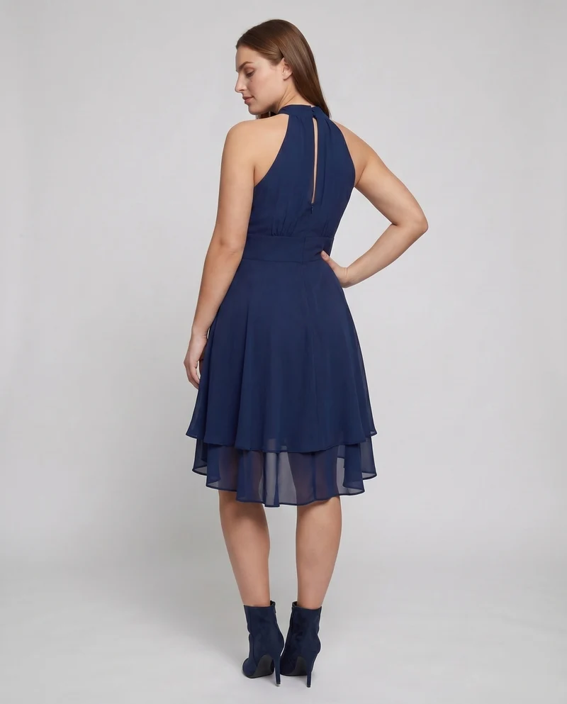 Damen Chiffon-Halterkleid Stehkragen Stufenrock Tailliert