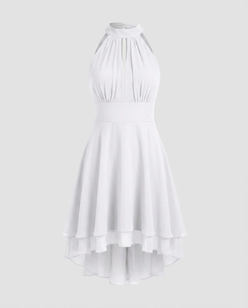 Damen Chiffon-Halterkleid Stehkragen Stufenrock Tailliert