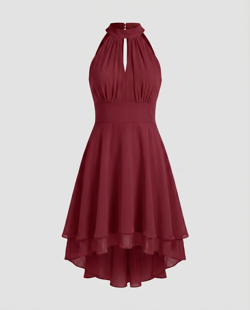 Damen Chiffon-Halterkleid Stehkragen Stufenrock Tailliert