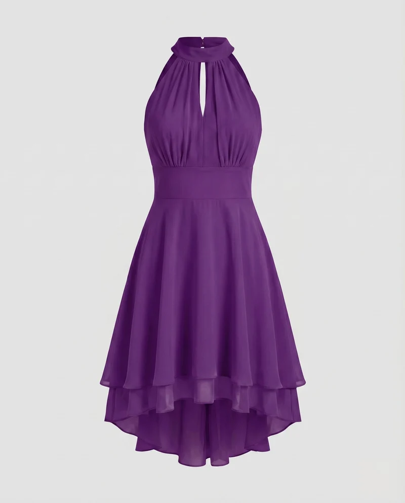 Damen Chiffon-Halterkleid Stehkragen Stufenrock Tailliert