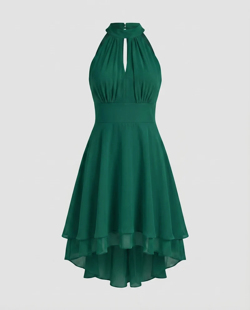 Damen Chiffon-Halterkleid Stehkragen Stufenrock Tailliert