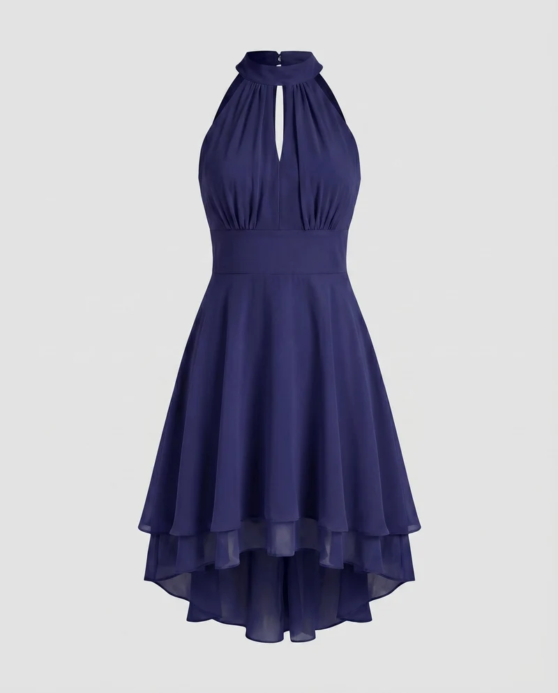 Damen Chiffon-Halterkleid Stehkragen Stufenrock Tailliert