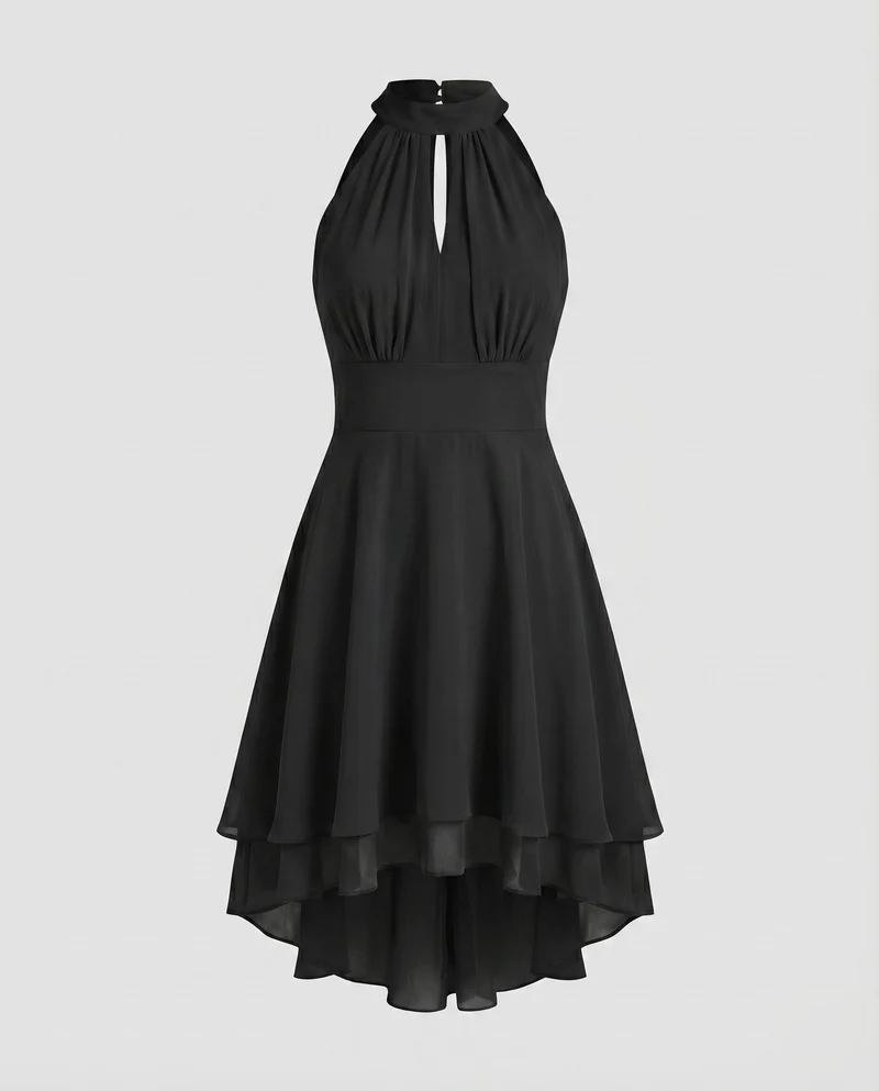Damen Chiffon-Halterkleid Stehkragen Stufenrock Tailliert