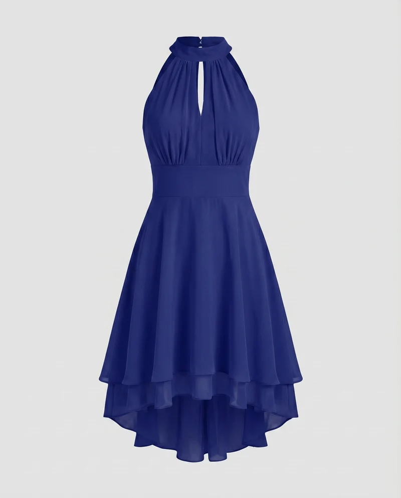Damen Chiffon-Halterkleid Stehkragen Stufenrock Tailliert
