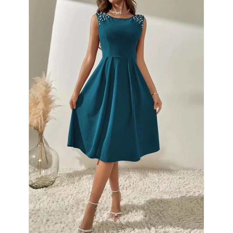 Damen Midi-Kleid mit dekorativen Perlenakzenten und schwingendem Rock