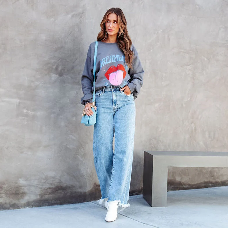 Damen Weite Jeans mit fransigem Saum und modischem Schnitt Nord Taschen