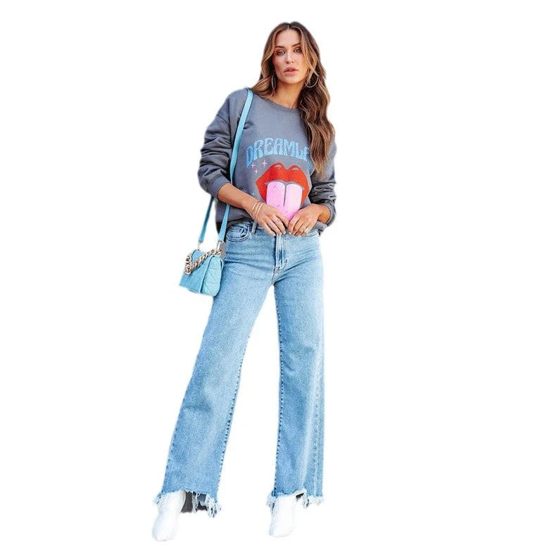 Damen Weite Jeans mit fransigem Saum und modischem Schnitt Nord Taschen