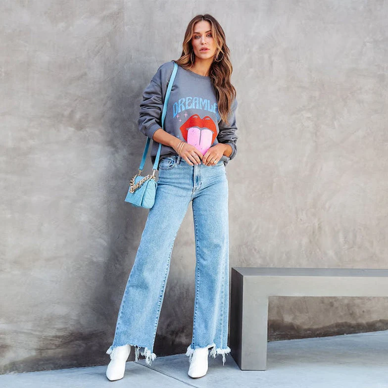 Damen Weite Jeans mit fransigem Saum und modischem Schnitt Nord Taschen