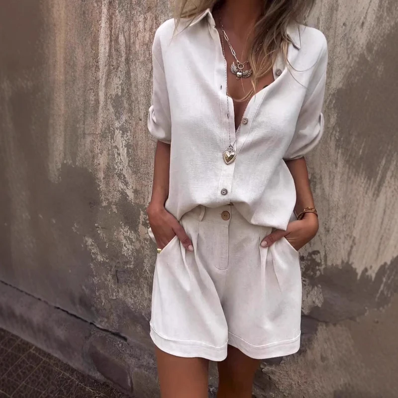 Damen Lässiges Jumpsuit-Set mit knöpfbarem Oberteil und elastischem Taillenzug Nord Taschen