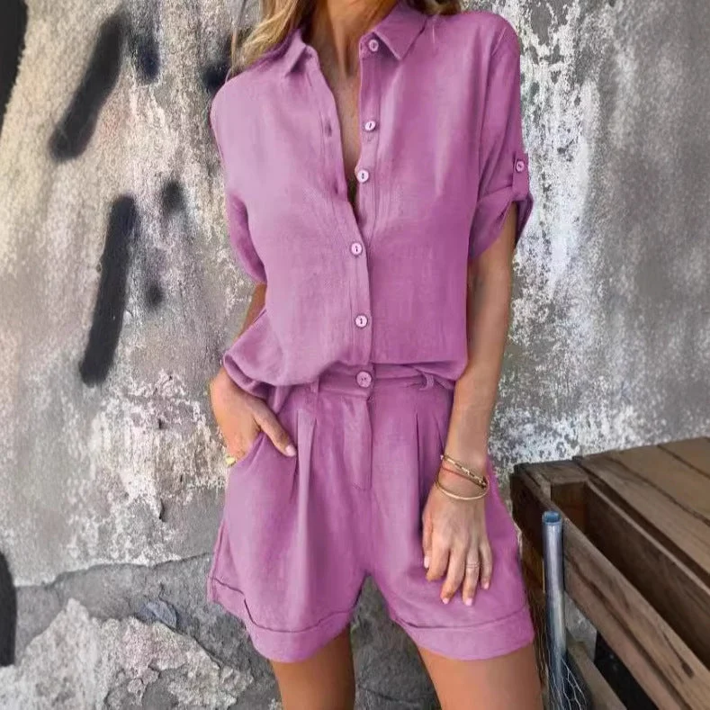Damen Lässiges Jumpsuit-Set mit knöpfbarem Oberteil und elastischem Taillenzug Nord Taschen