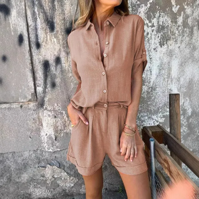 Damen Lässiges Jumpsuit-Set mit knöpfbarem Oberteil und elastischem Taillenzug Nord Taschen