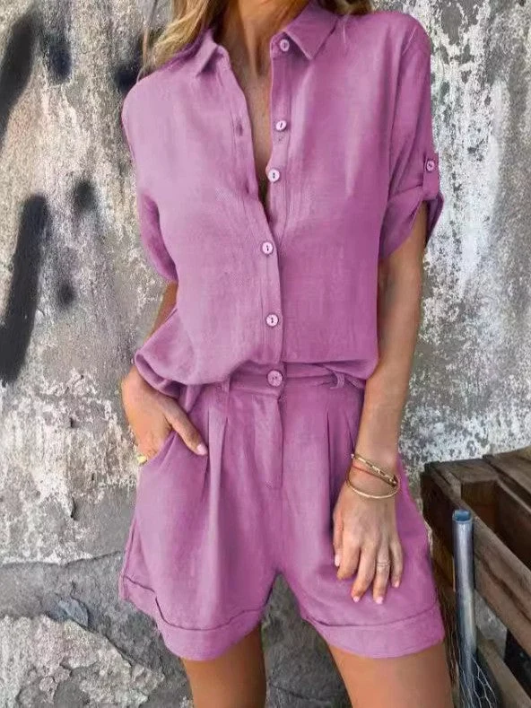 Damen Lässiges Jumpsuit-Set mit knöpfbarem Oberteil und elastischem Taillenzug Nord Taschen