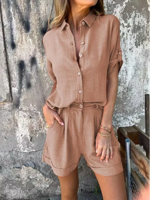 Damen Lässiges Jumpsuit-Set mit knöpfbarem Oberteil und elastischem Taillenzug Nord Taschen