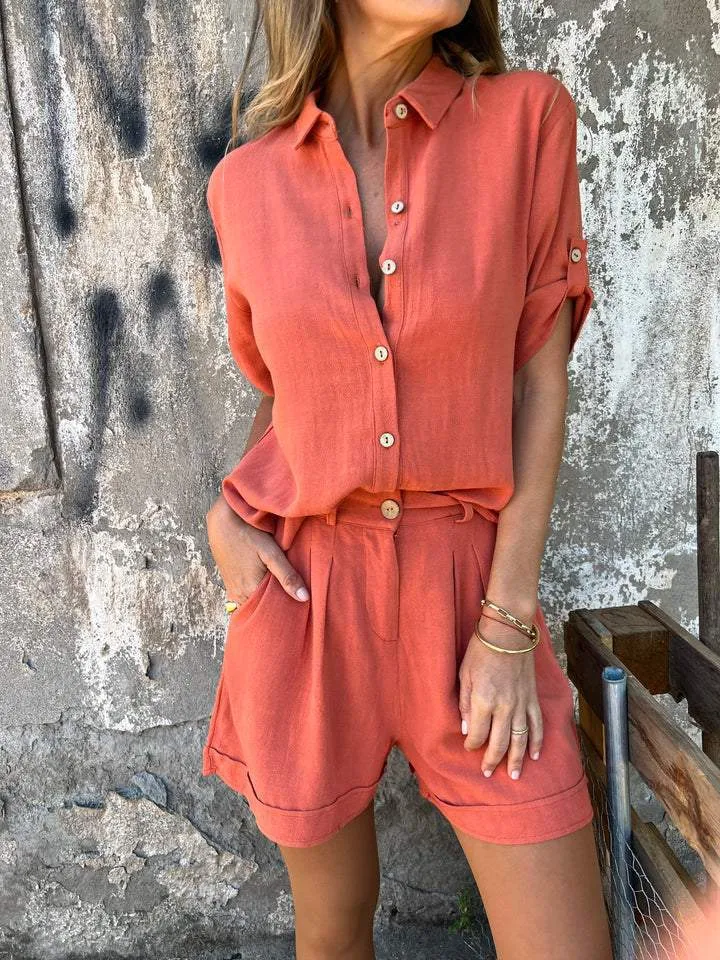 Damen Lässiges Jumpsuit-Set mit knöpfbarem Oberteil und elastischem Taillenzug Nord Taschen
