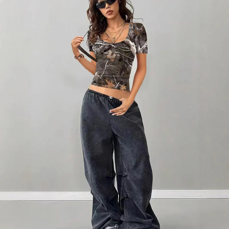 Damen Camouflage T-Shirt mit modischem V-Ausschnitt Nord Taschen